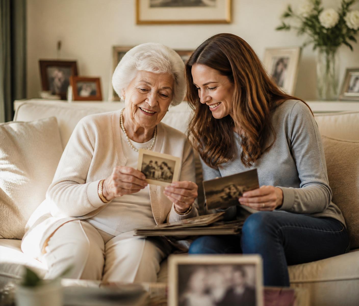 Senior sharing family photographs with her adult daughter