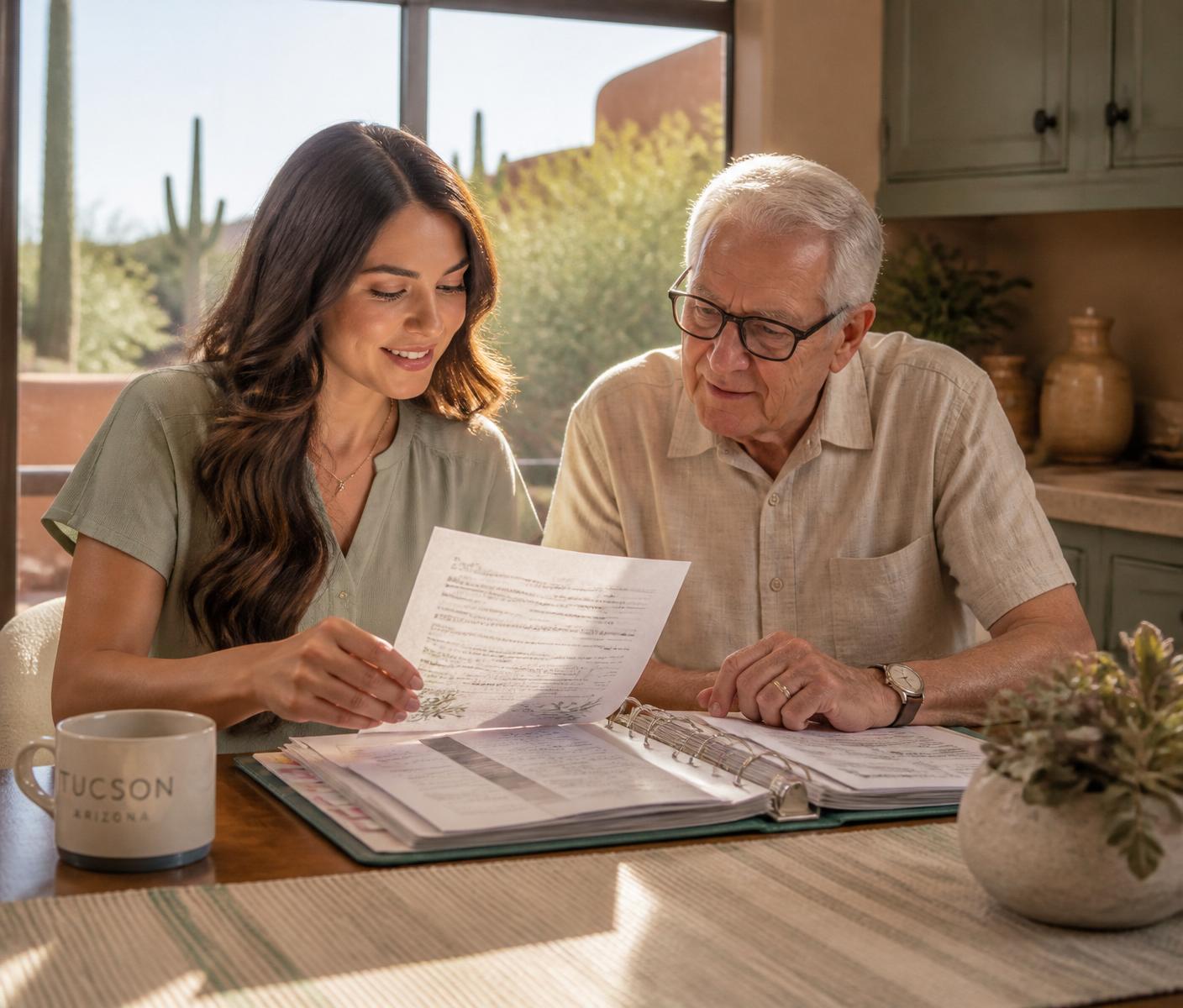 Lisa listening with a senior and her family in a warm living room